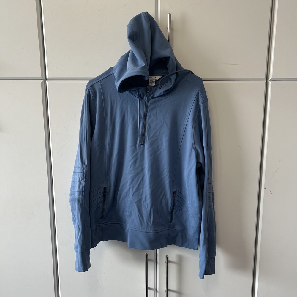 Athleta Triumph Hoodie Blue Quarter Zip Moto Ribbed Pullover Size XL